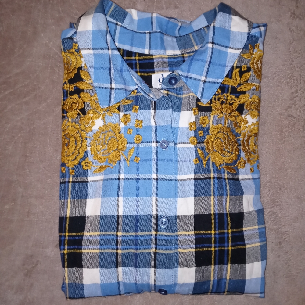 🆕d & co. | Floral Embroidered Plaid Peplum Button Down Blouse Women Size Large